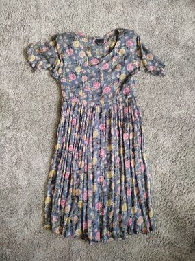 Starina Floral Midi Dress in Slate Blue with Pink & Yellow Blooms
